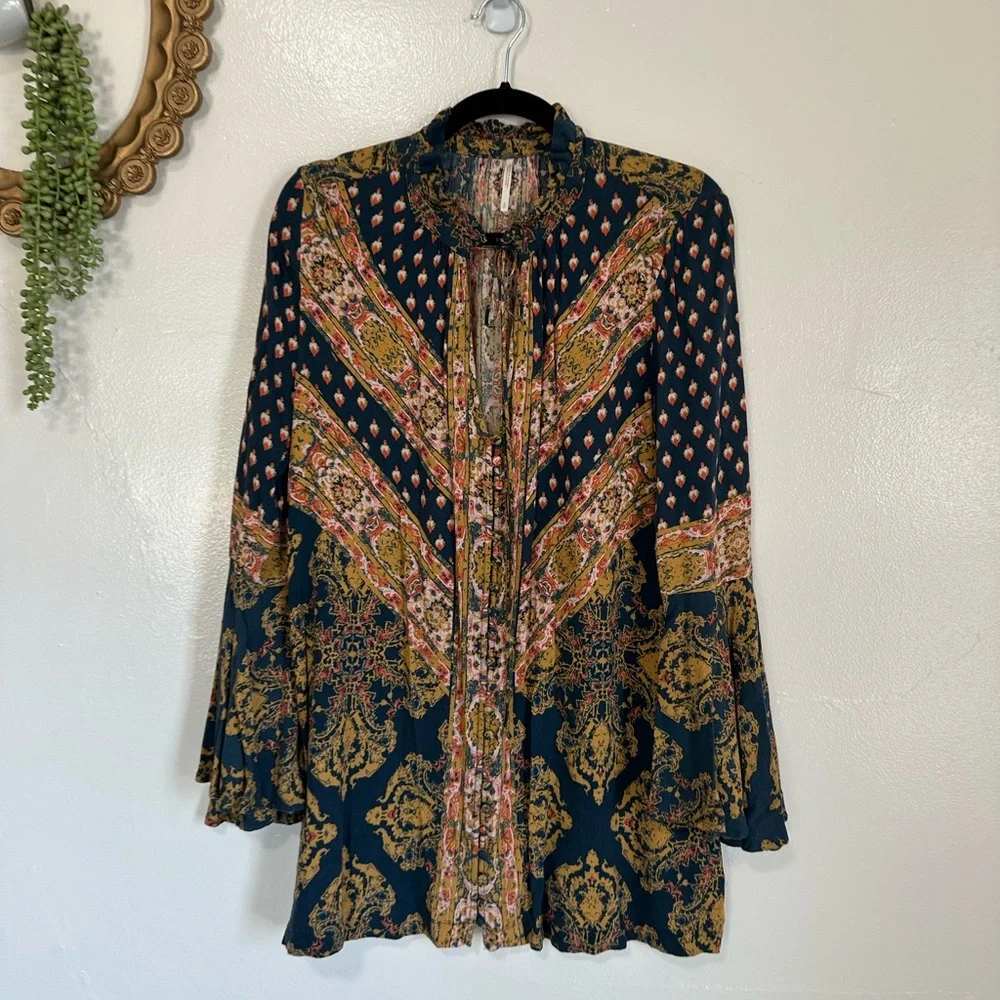 Free People Magic Mystery Tunic, Deep Teal & Mustard Paisley Print, Size Small - Picture 7 of 10